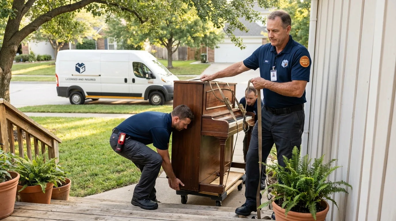 Licensed piano movers securing grand piano in Cloverport, KY